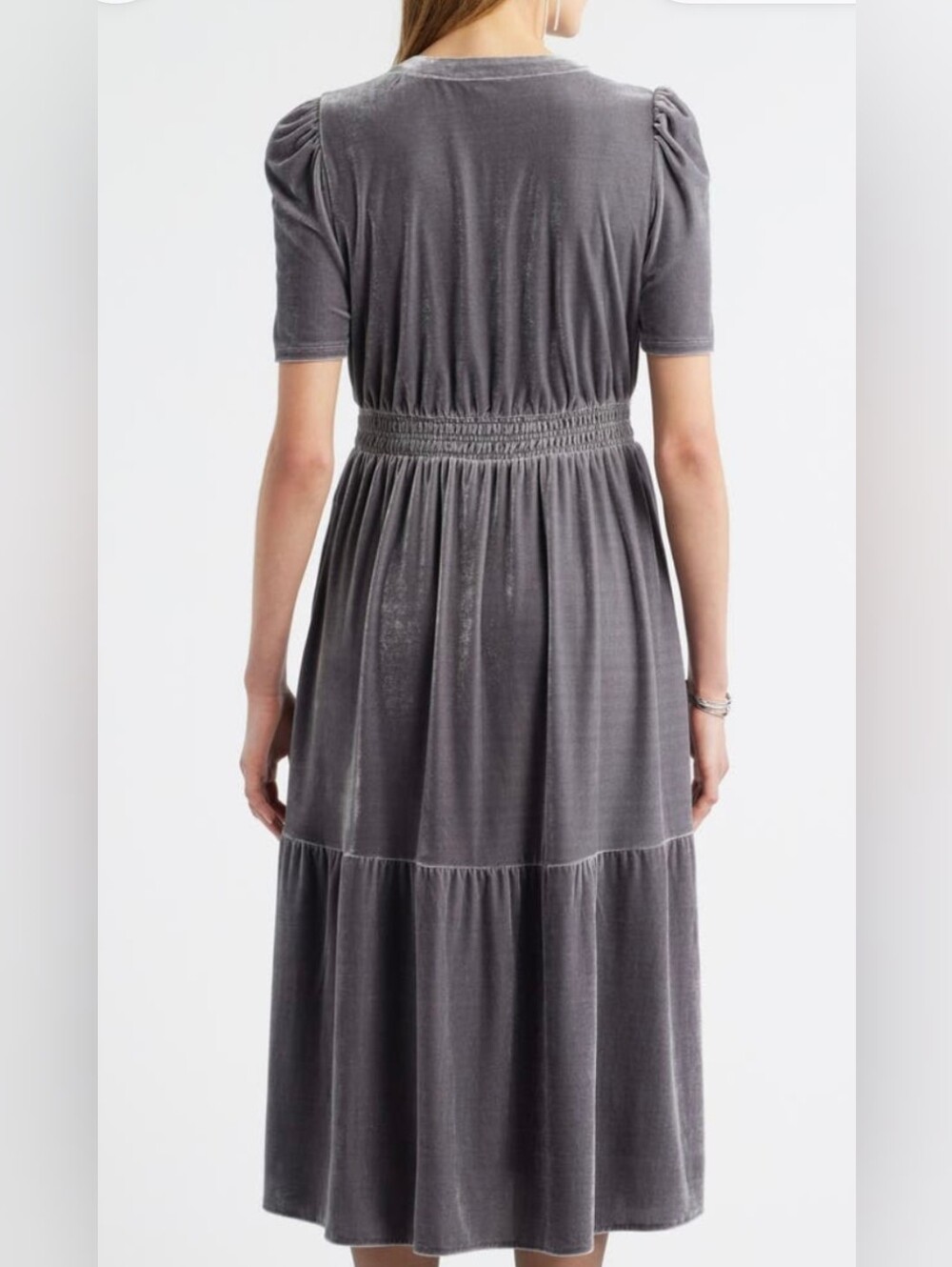 NWT - Caslon Grey Stretch Plush Velour Smocked Waist Fully Lined Midi Dress - M - Picture 2 of 16